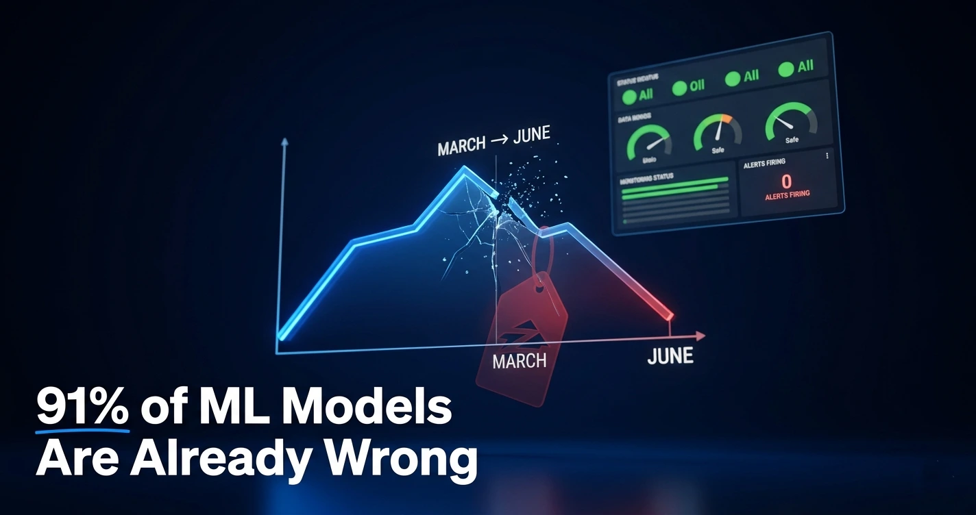 Machine learning model accuracy decay chart showing ML model drift degradation curve from March to June 2026 in dark navy and blue