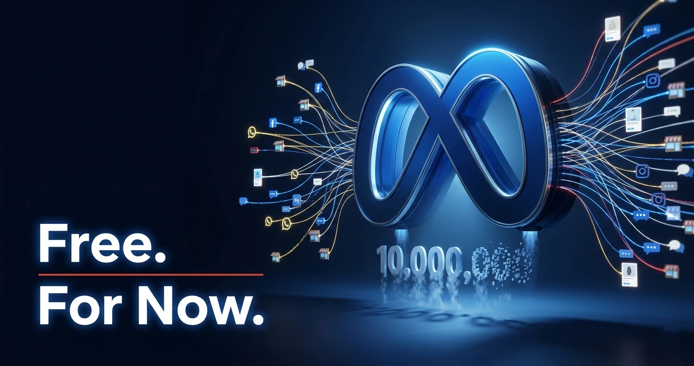 Meta AI tools for business 2026 — glowing Meta logo architecture with data threads connecting to small businesses worldwide