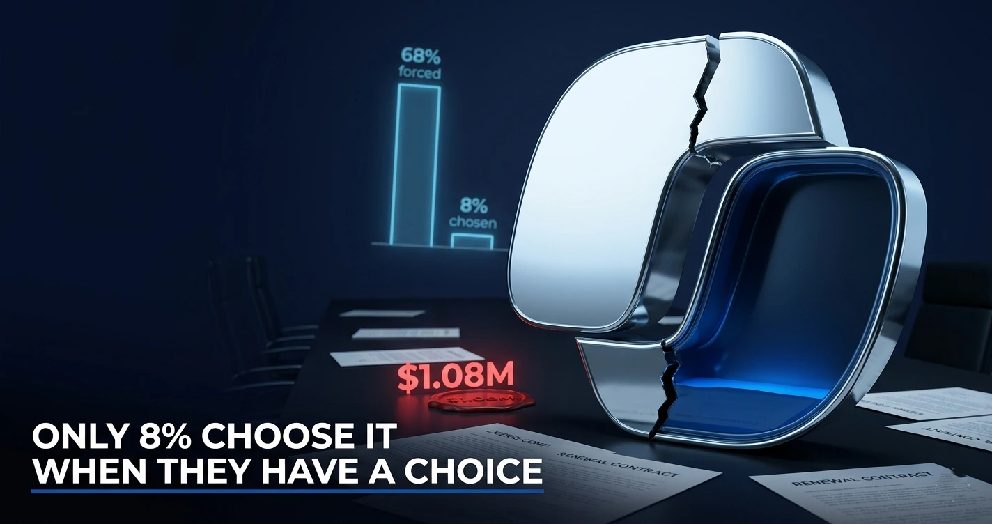 Microsoft Copilot cracked logo revealing 8% voluntary adoption rate against $1.08M enterprise cost, dark navy editorial visual for NeuralWired