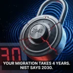 Cracking RSA-2048 padlock with quantum interference waves and 2030 countdown — NIST post-quantum cryptography migration deadline visual
