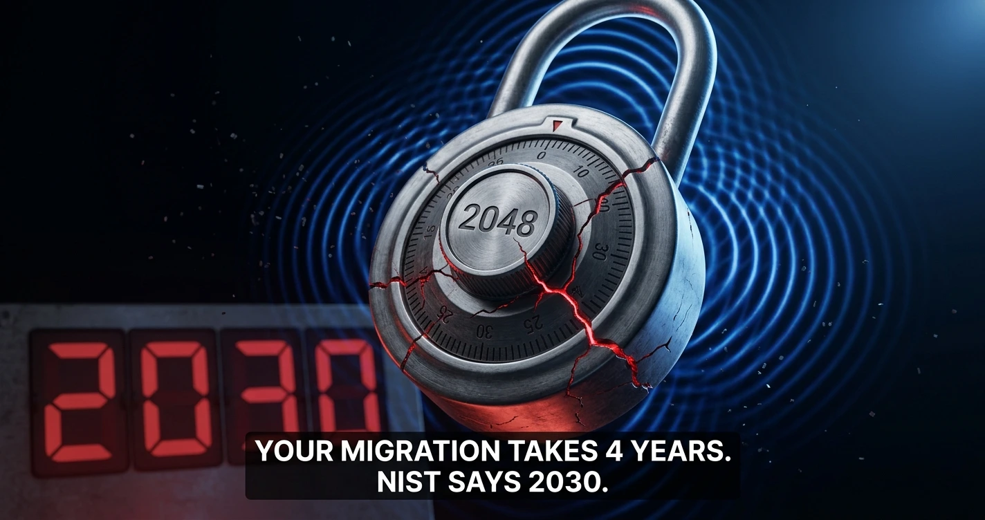 Cracking RSA-2048 padlock with quantum interference waves and 2030 countdown — NIST post-quantum cryptography migration deadline visual