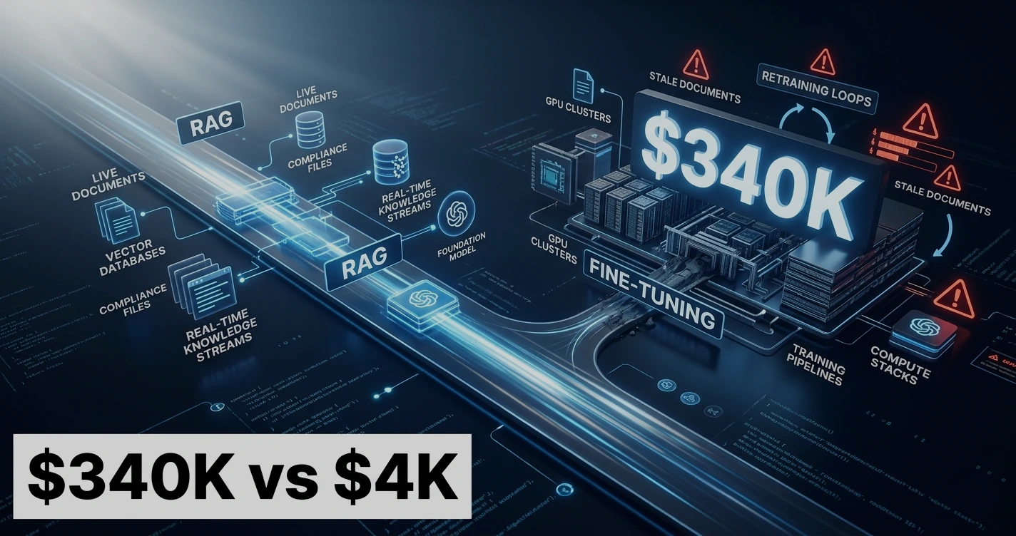 Enterprise AI architecture showing RAG vs fine-tuning costs, deployment speed, and scalability in 2026