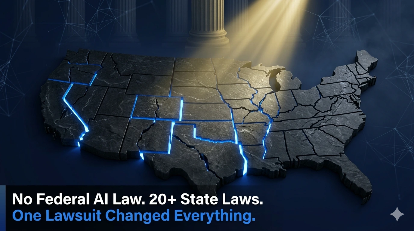Fractured US map with glowing state borders representing the 2026 federal vs state AI regulation conflict under Executive Order 14365
