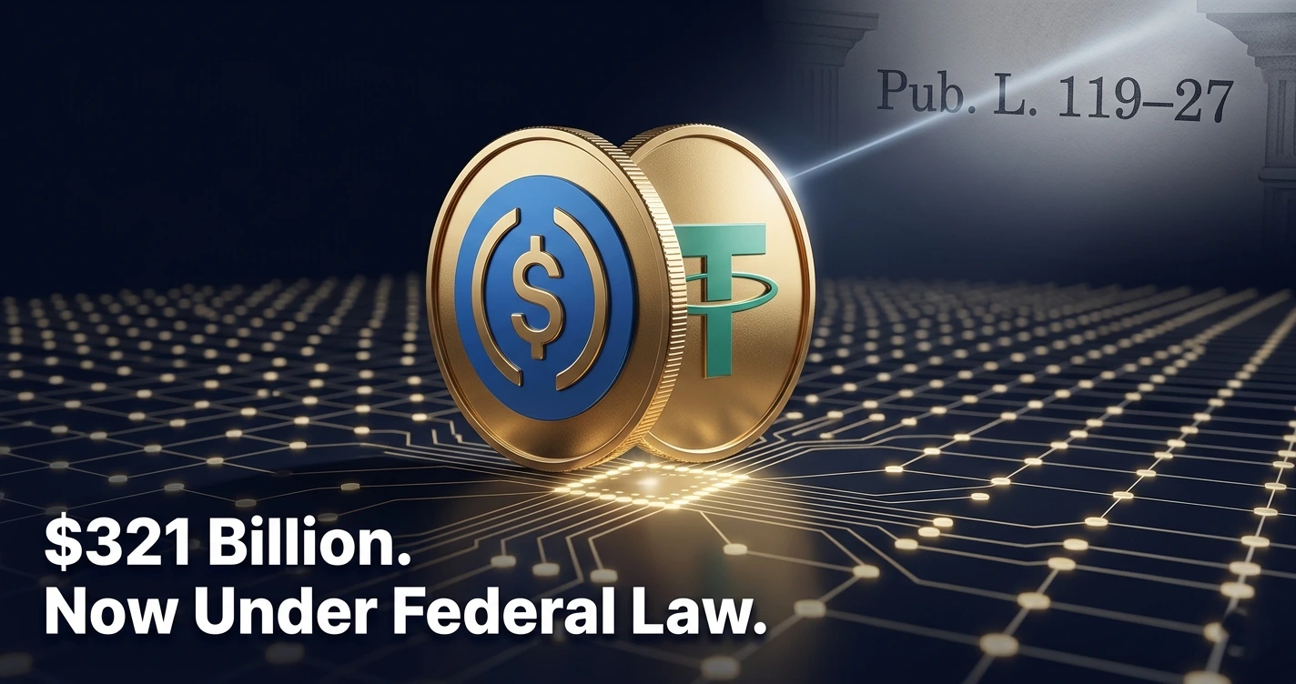 Infographic comparing USDC and USDT stablecoins with $321 billion market cap data and GENIUS Act regulation highlights