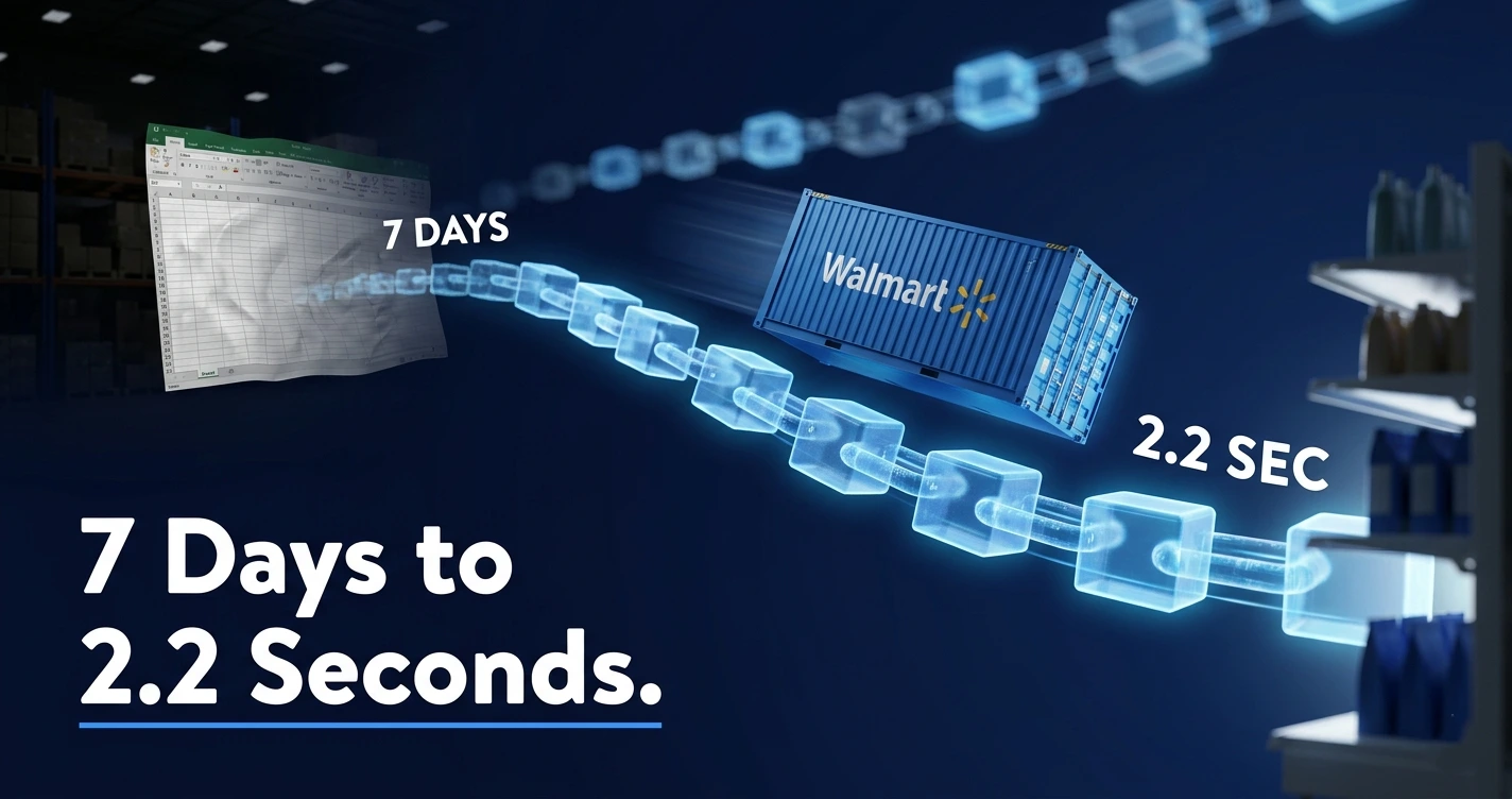 Walmart IBM Food Trust blockchain supply chain management dashboard showing 7-day to 2.2-second food traceability transformation in 2026
