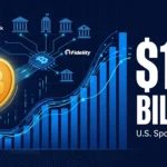 Bitcoin ETF chart showing $102 billion in AUM growth from January 2024 to mid-2026, with BlackRock IBIT, Fidelity FBTC, and other spot Bitcoin ETF tickers displayed on a financial trading interface