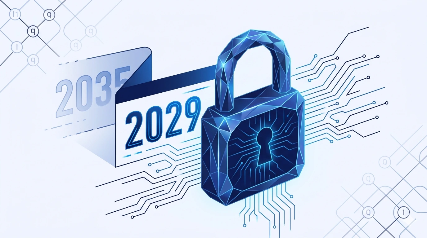 Illustration of a digital lock and countdown shifting from 2035 to 2029, representing Google's accelerated post-quantum cryptography deadline
