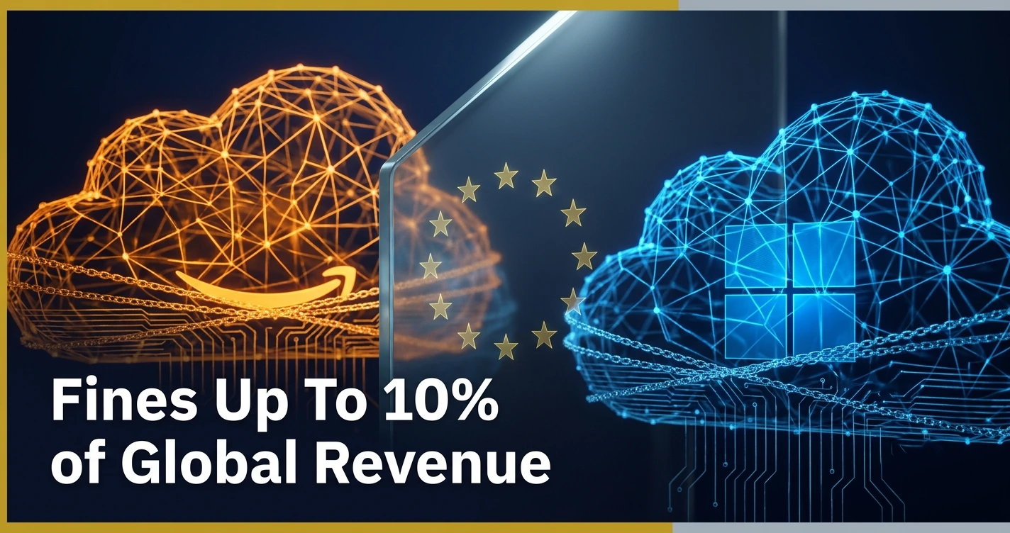 AWS and Azure logos beside EU flag stars symbolizing 2026 cloud vendor lock-in antitrust investigation