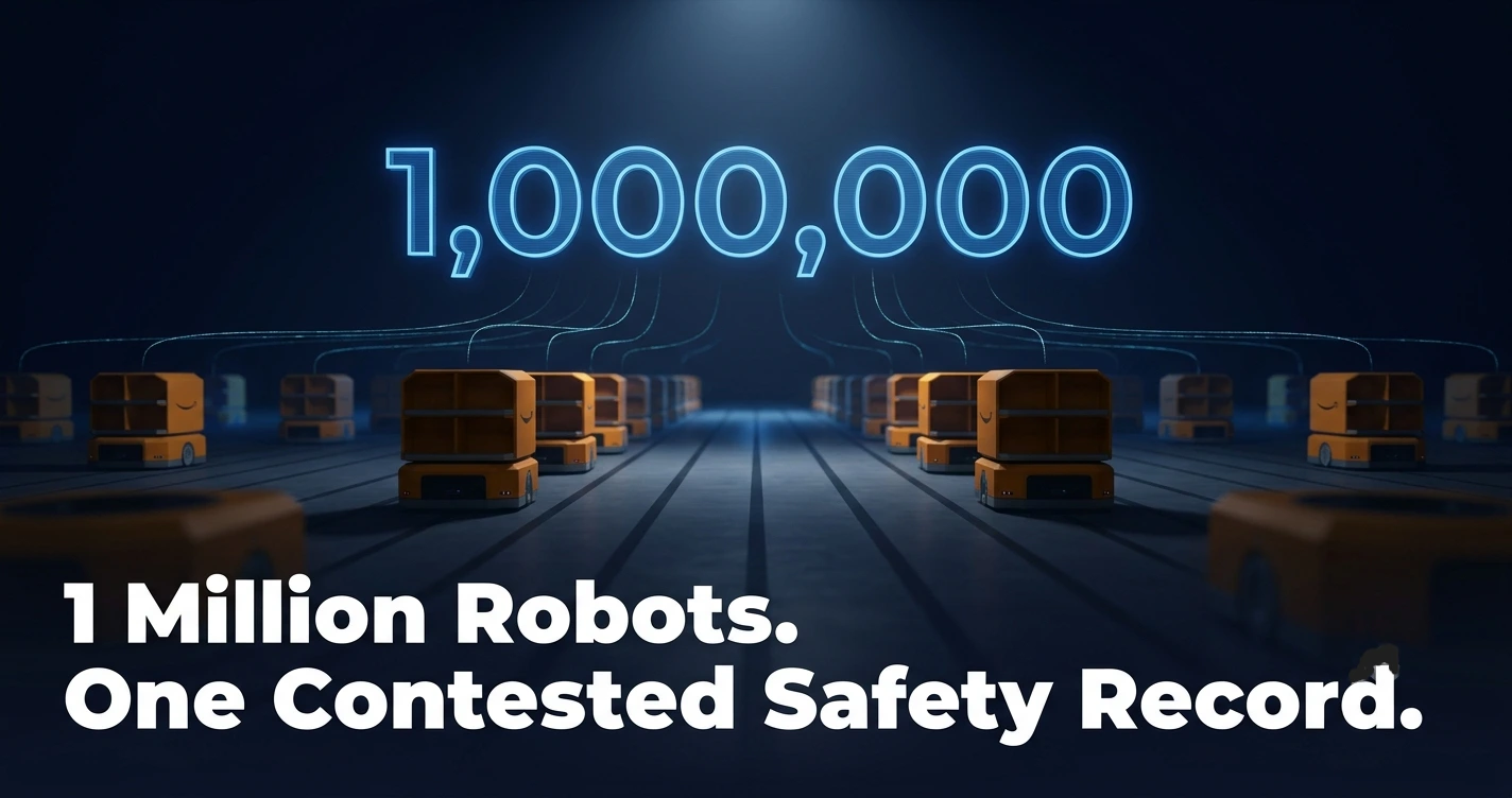 Amazon warehouse robots forming a glowing 1 million milestone above a dark automated fulfillment center floor