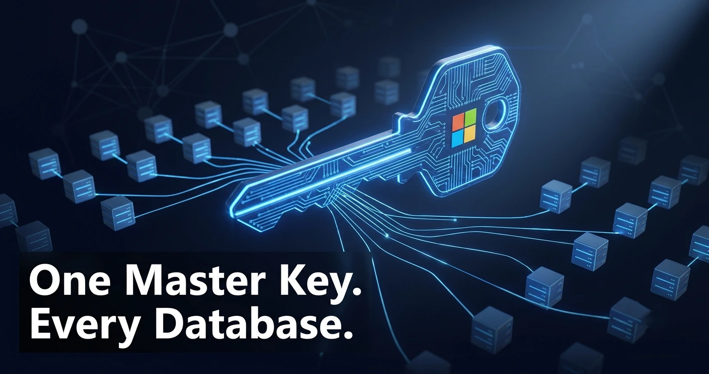 Illustration of the Azure Cosmos DB vulnerability CosmosEscape showing a master key unlocking multiple Azure databases.