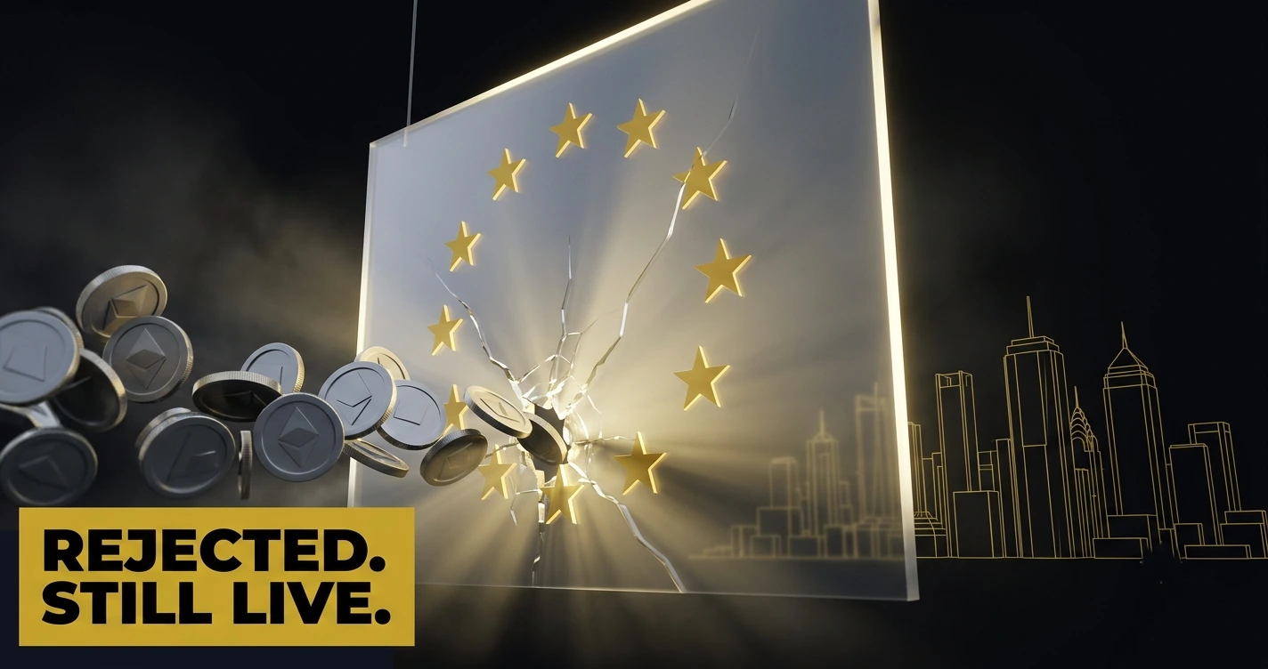 Binance MiCA license denial illustration with EU crypto regulation gate, 2026