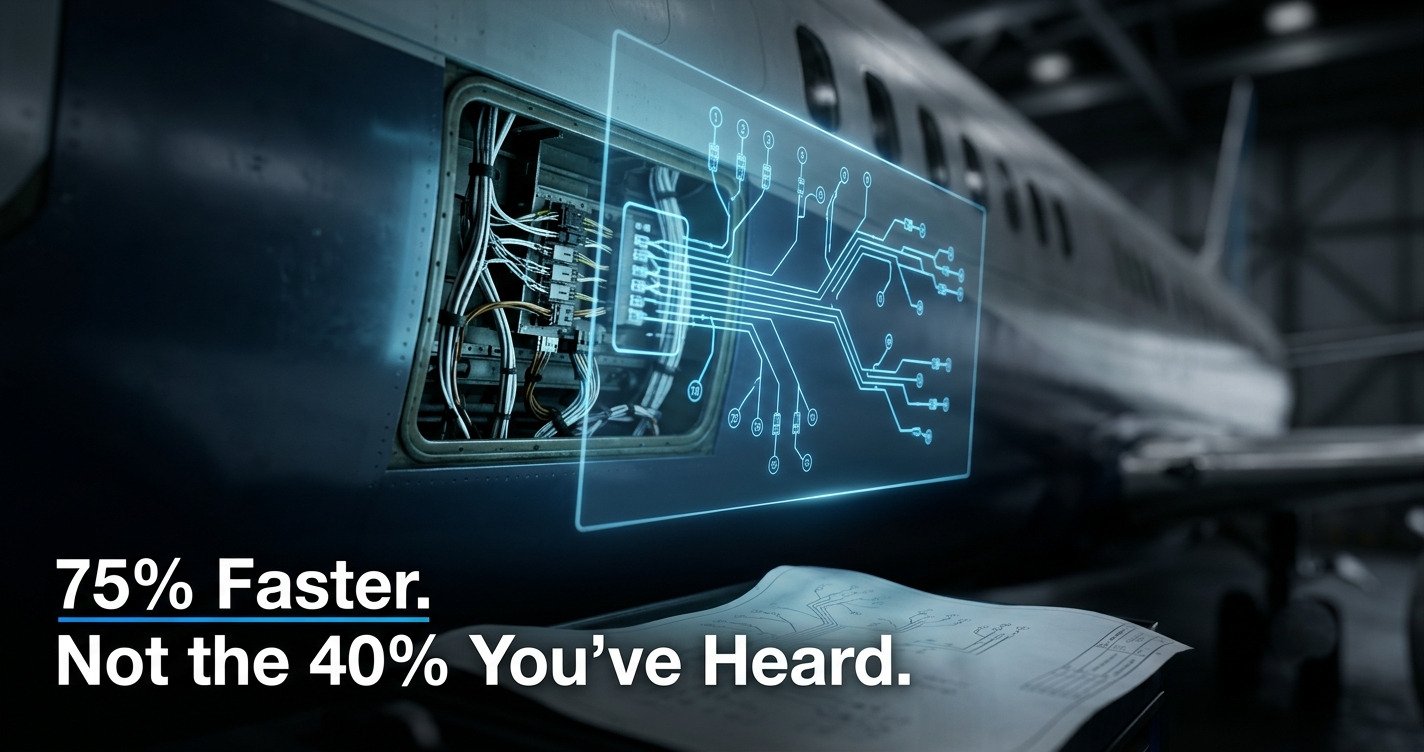 Boeing technician using HoloLens AR headset to view holographic aircraft wiring diagram