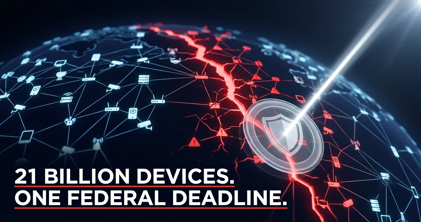 CISA IoT security directive illustration showing 21 billion connected devices exposed to cyberattack in 2026