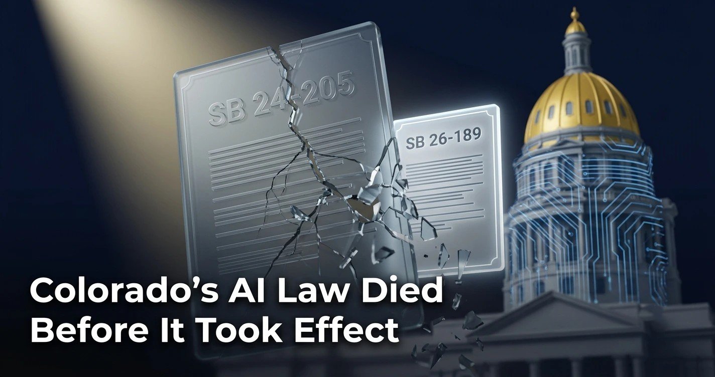 Colorado state capitol building overlaid with AI circuit patterns representing SB 26-189 AI Act regulation for employers