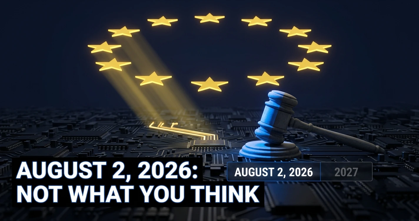 EU flag and courthouse gavel over glowing AI circuitry symbolizing the EU AI Act August 2026 deadline