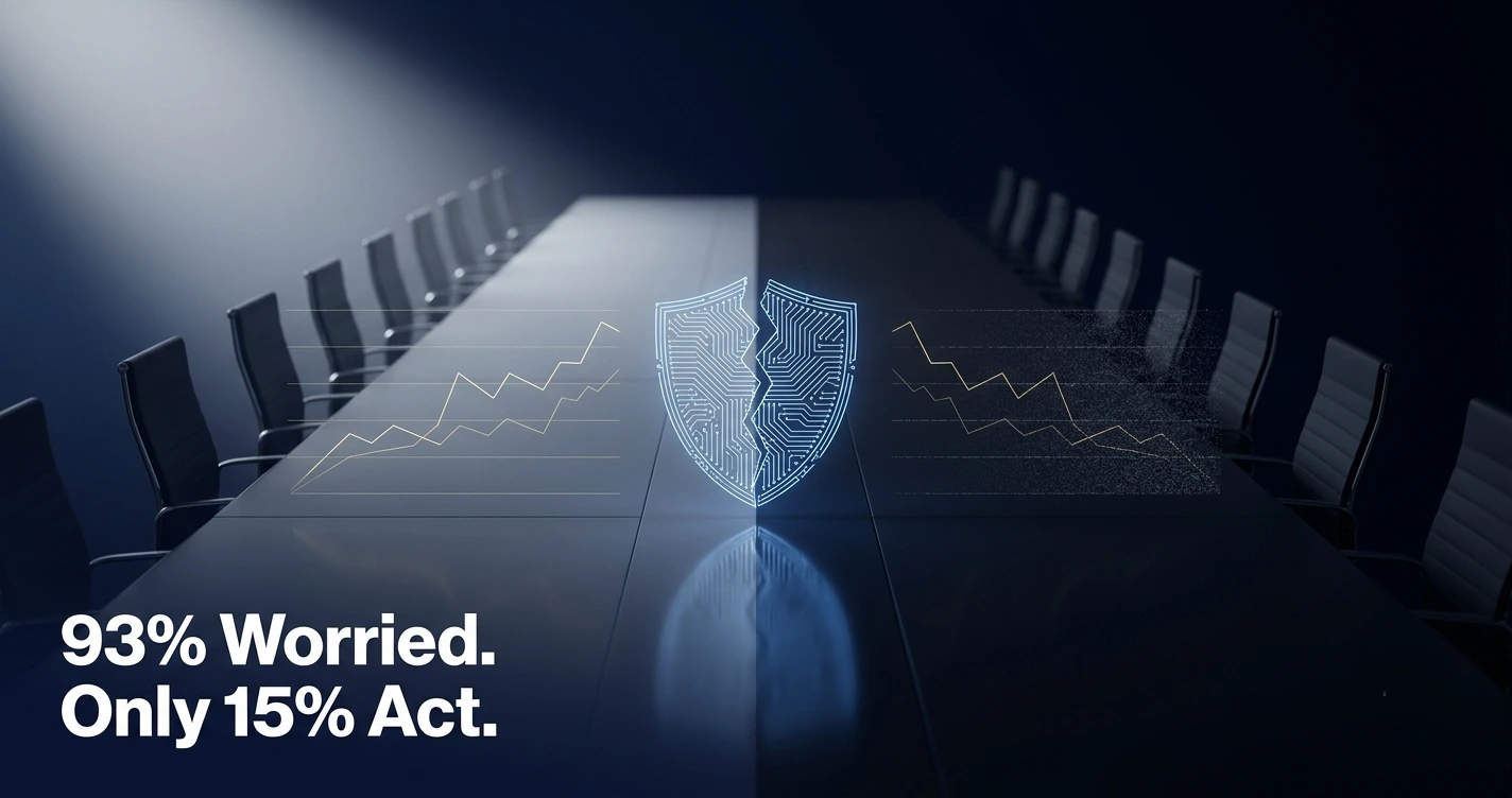 Boardroom illustration split between cyber awareness and risk, symbolizing Gartner's cybersecurity board oversight findings