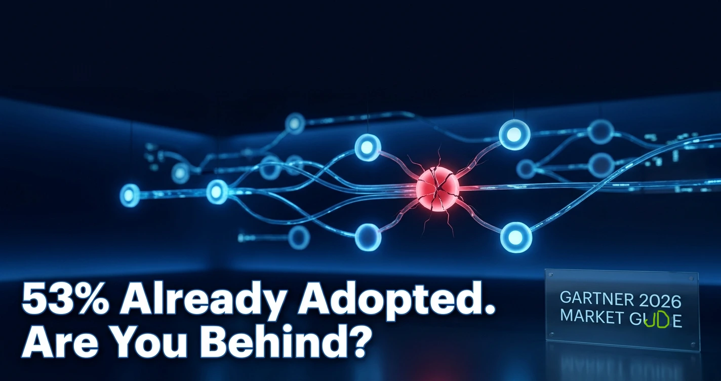 Gartner 2026 data observability report graphic showing 53% enterprise adoption and AI agent monitoring illustration