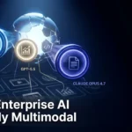 Split-screen graphic comparing Gemini 3, GPT-5.5, and Claude Opus 4.7 logos for multimodal AI enterprise adoption in 2026