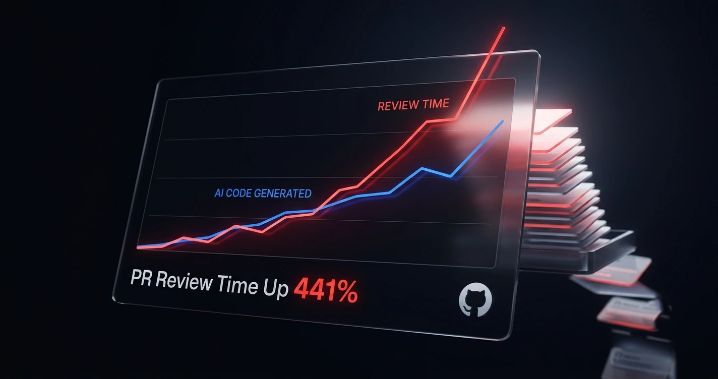 GitHub logo beside a red upward arrow chart showing a 441% rise in AI code review time in 2026.