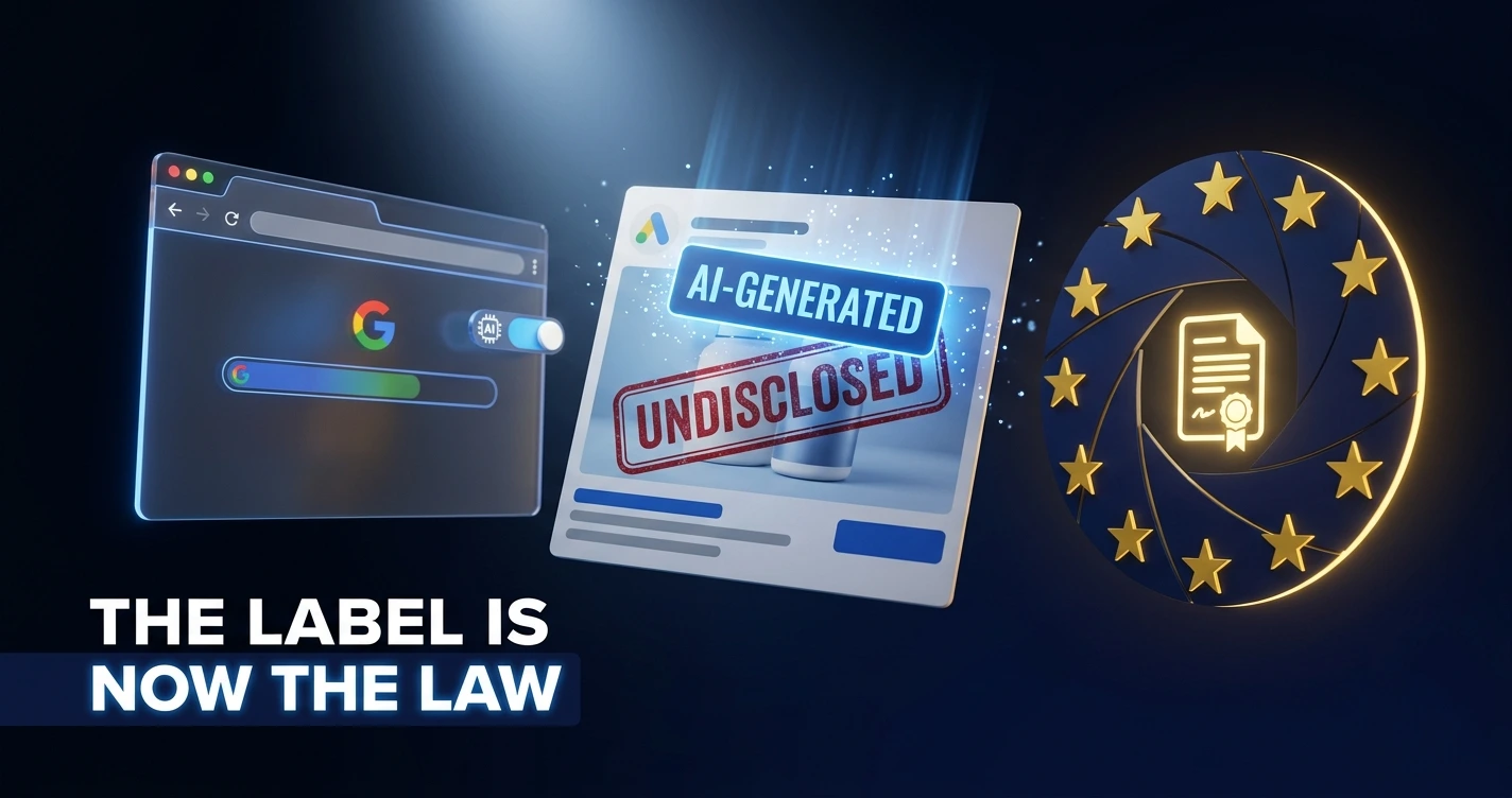 Google Ads panel showing an AI content disclosure label beside the EU flag, representing 2026 ad transparency rules