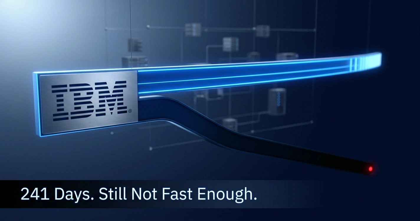 IBM breach detection time chart showing 2025 drop to 241 days across global enterprise data