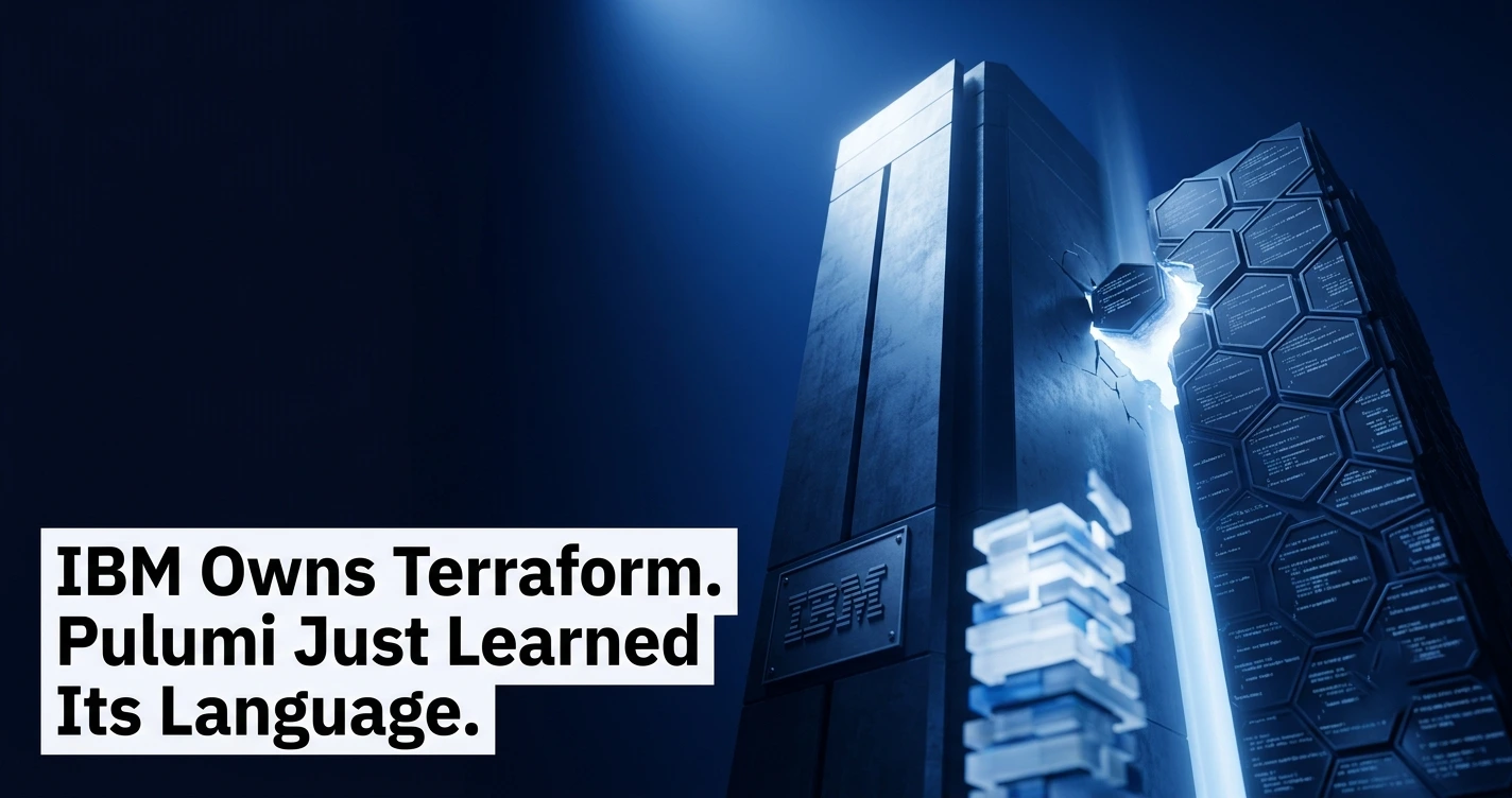 Terraform and Pulumi logos beside IBM branding, symbolizing the 2026 IaC rivalry after IBM's HashiCorp deal.