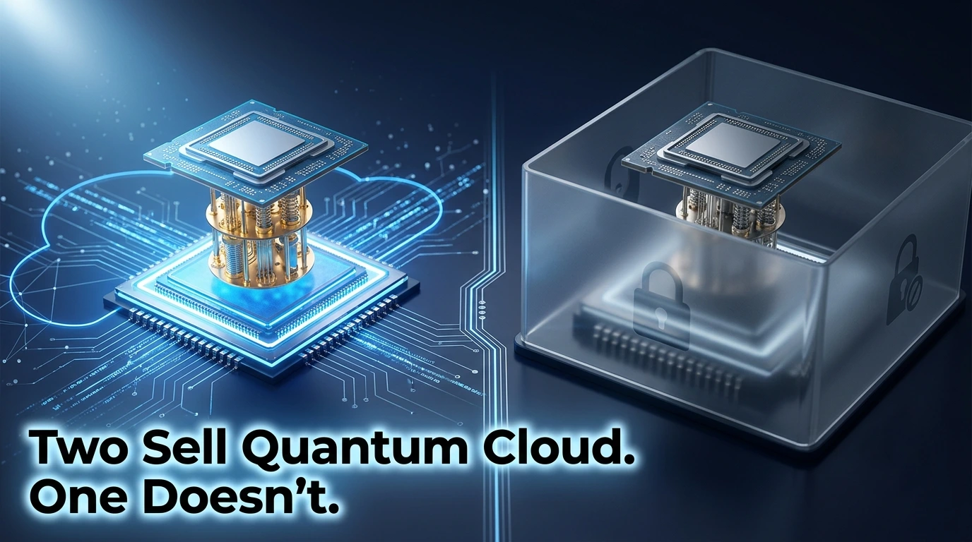 IBM and AWS quantum servers glow active while Google's Willow chip sits behind a locked research-access gate