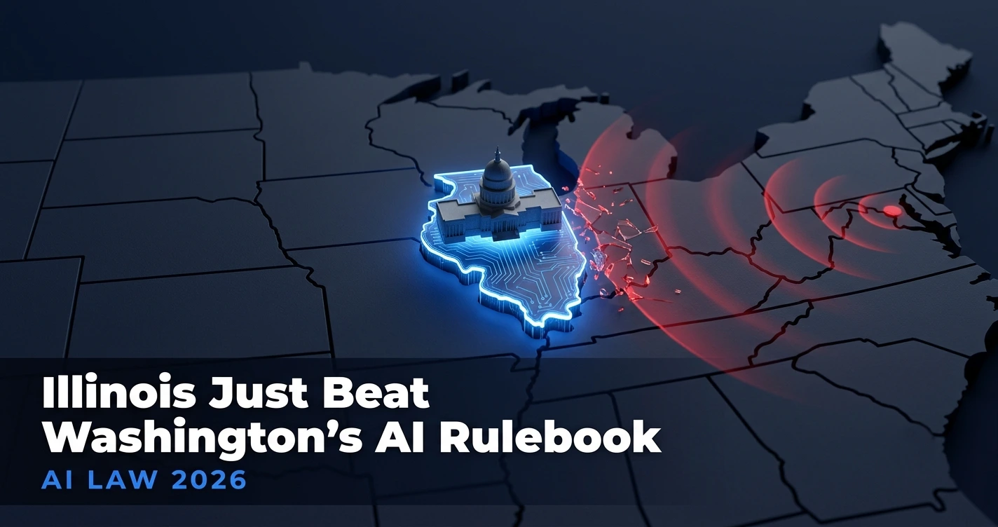 Illinois state capitol dome glowing against a US map, symbolizing Illinois' 2026 AI Safety Measures Act audit law