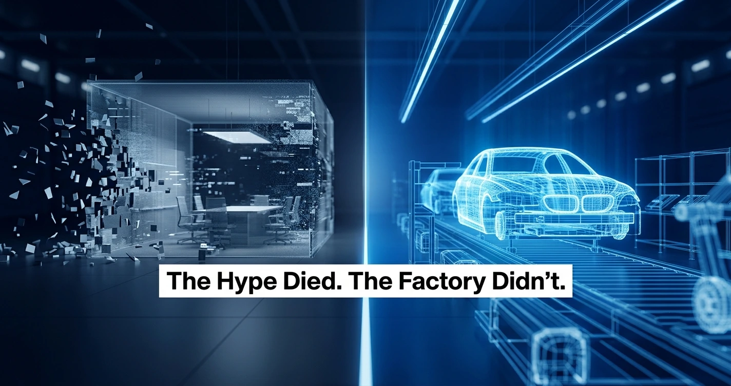 Microsoft Mesh shutdown next to BMW's NVIDIA Omniverse factory digital twin, symbolizing the 2026 enterprise metaverse shift