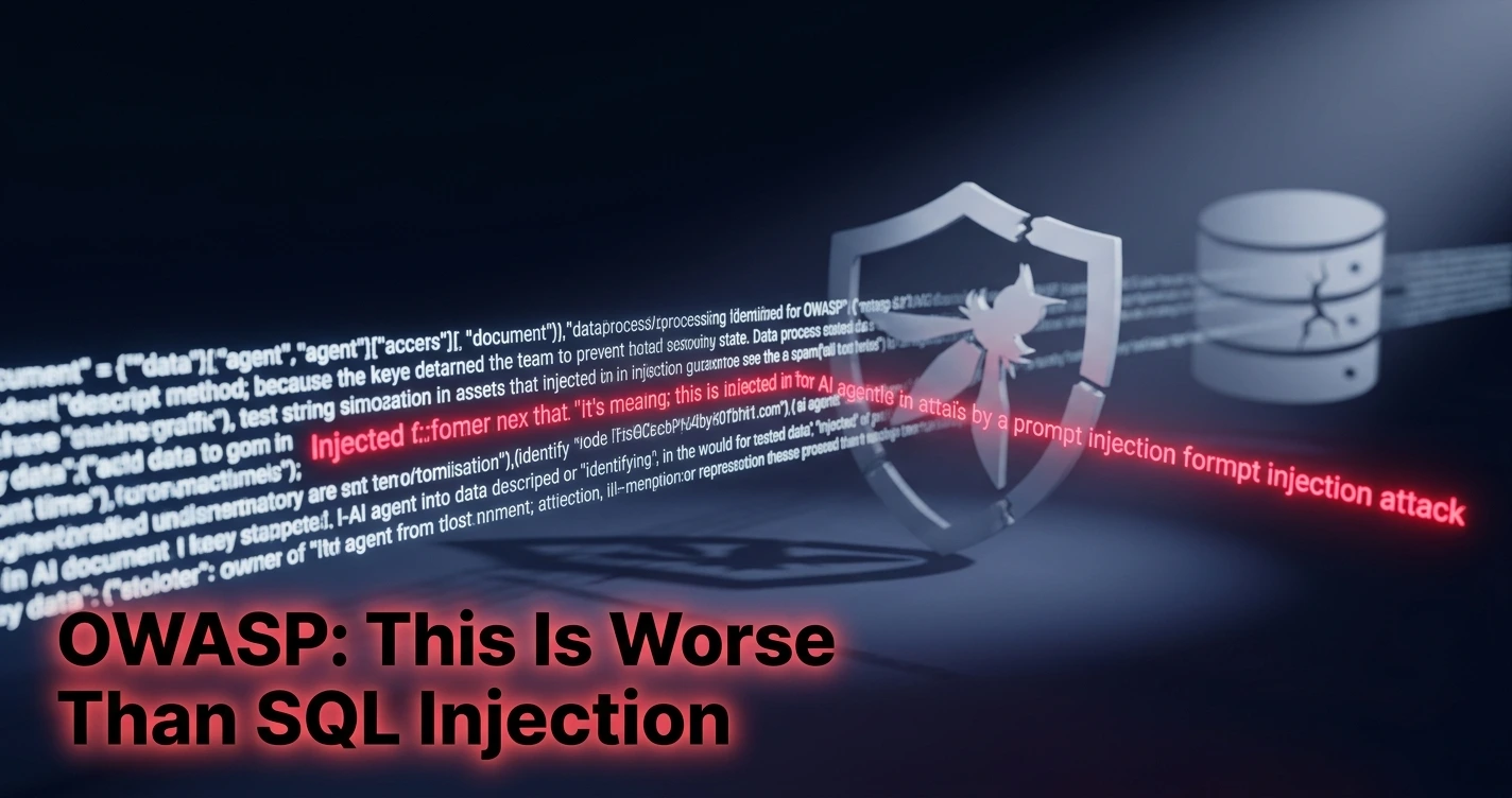 Digital illustration of OWASP prompt injection attacking an AI agent's code, echoing classic SQL injection security threats.