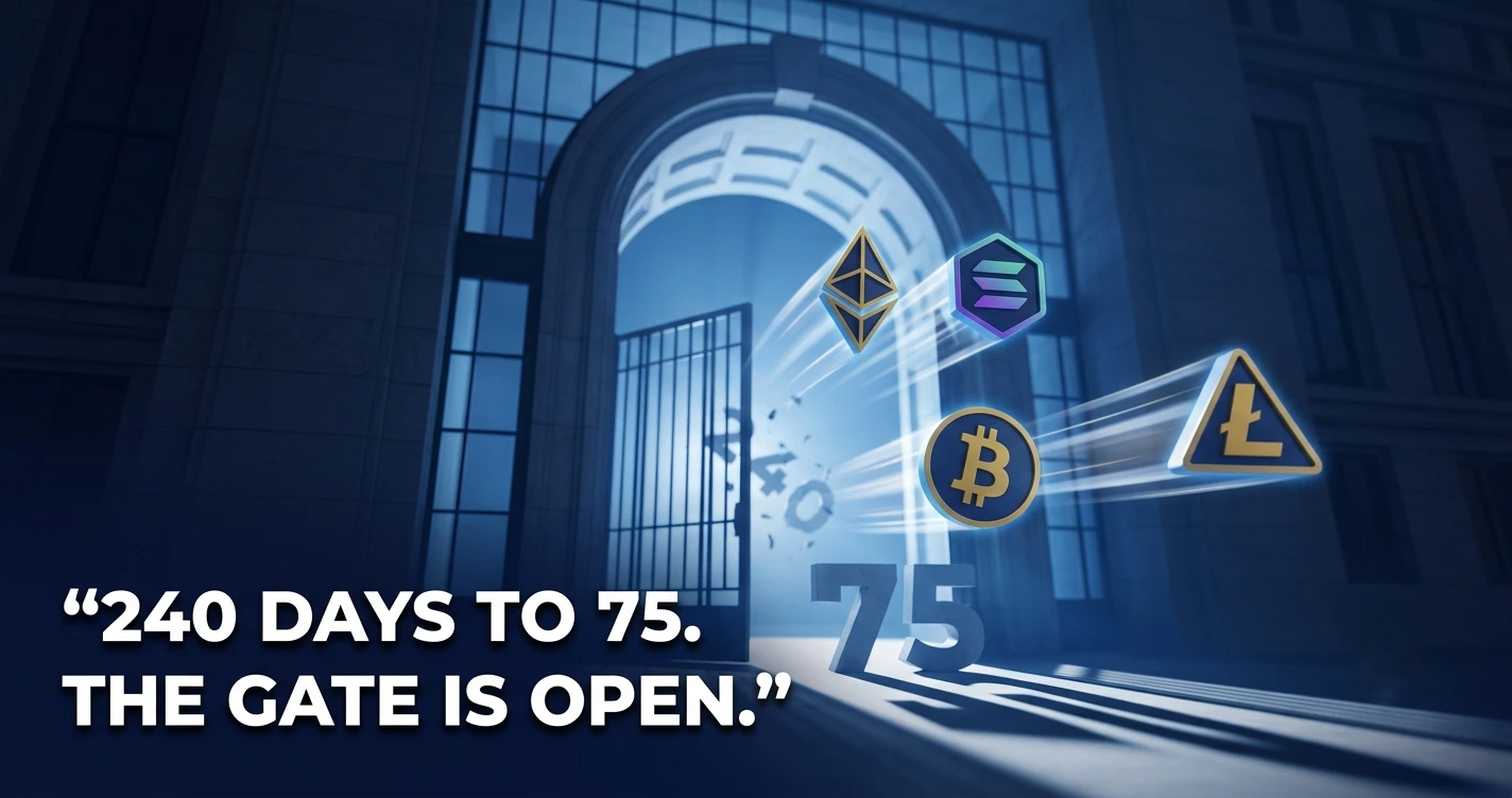 SEC building with XRP and Solana ETF icons illustrating 2026 crypto ETF regulation changes