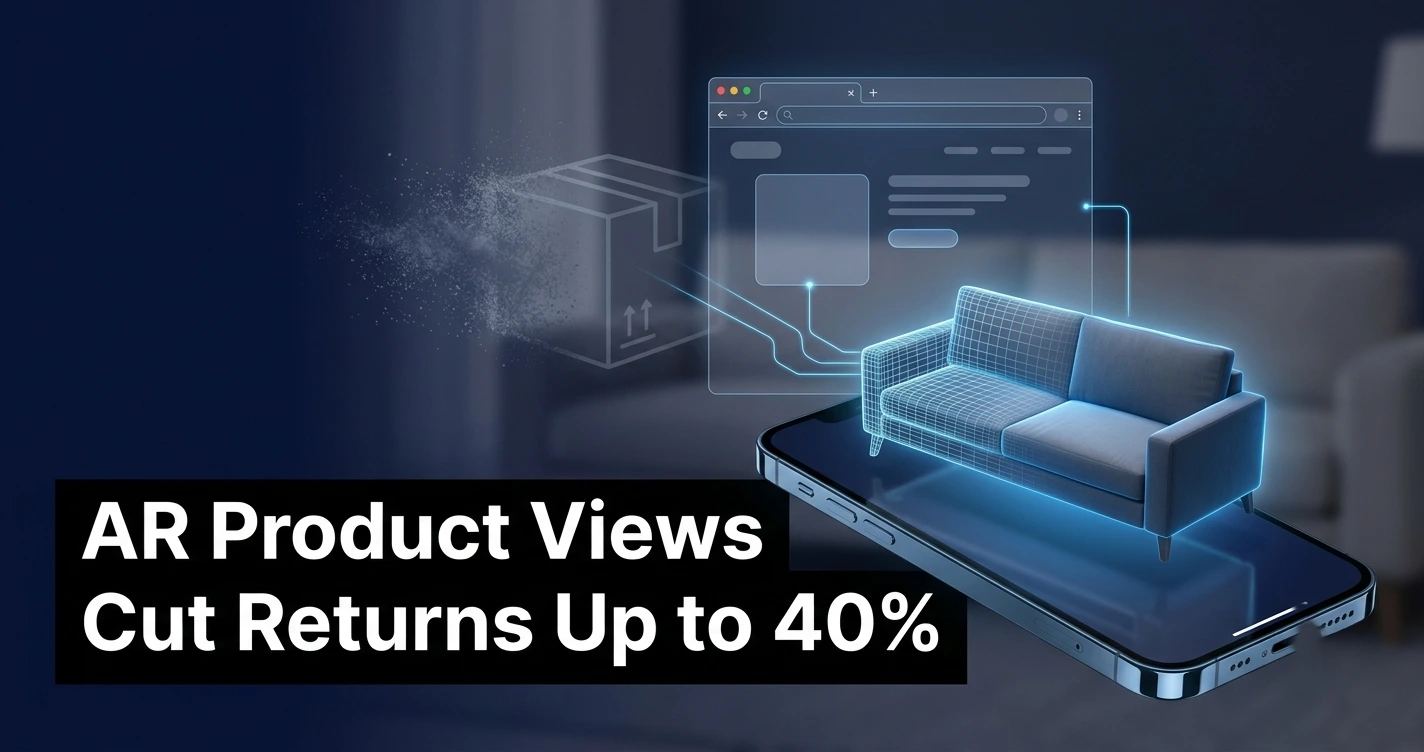 3D product viewer showing WebXR augmented reality furniture placement in a living room on a smartphone screen