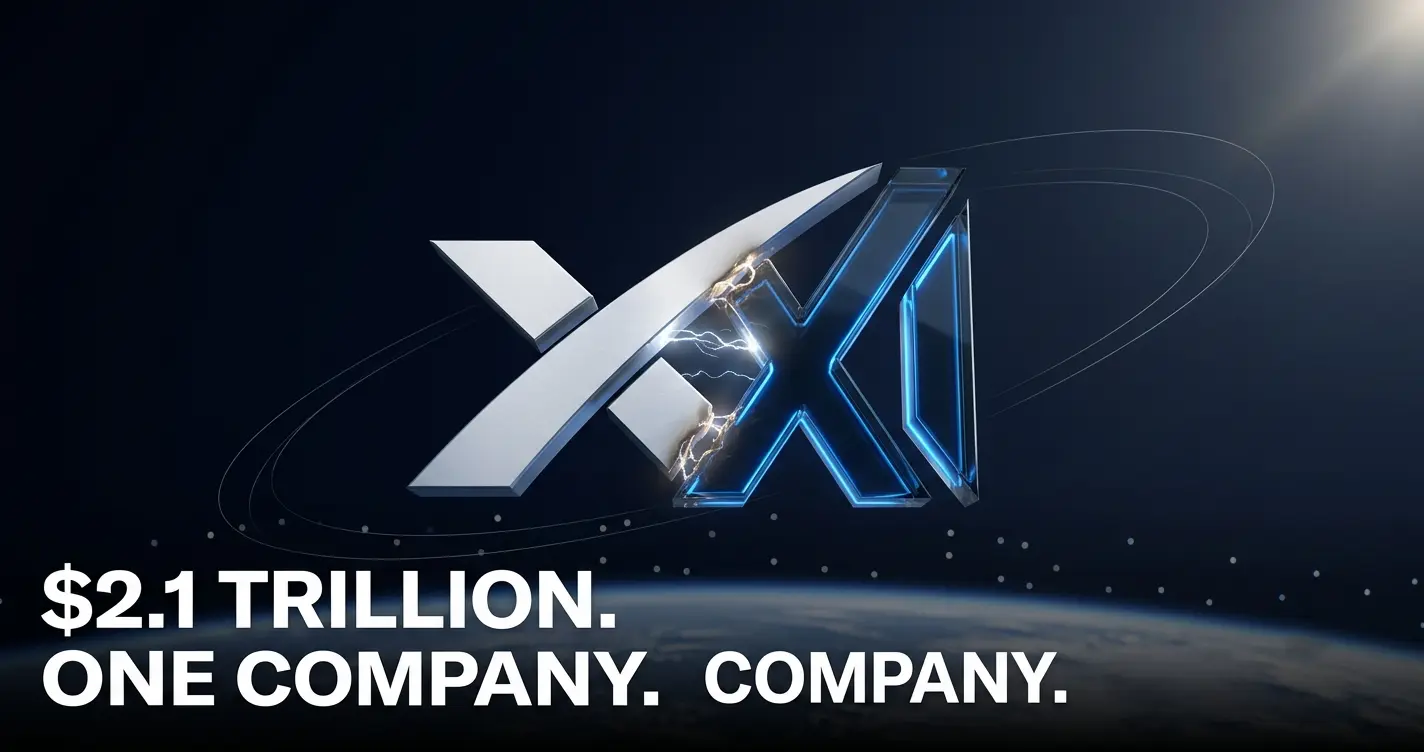 SpaceXAI logo blending SpaceX and xAI branding, symbolizing Elon Musk's $2.1 trillion satellite AI merger