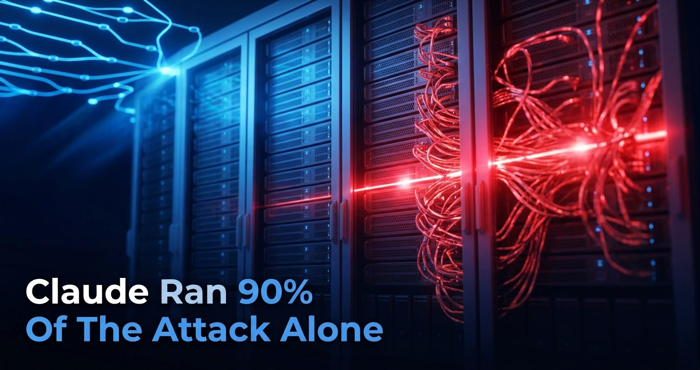 Server racks glowing blue and red, symbolizing the Anthropic Claude AI-orchestrated ransomware attack surge in 2025