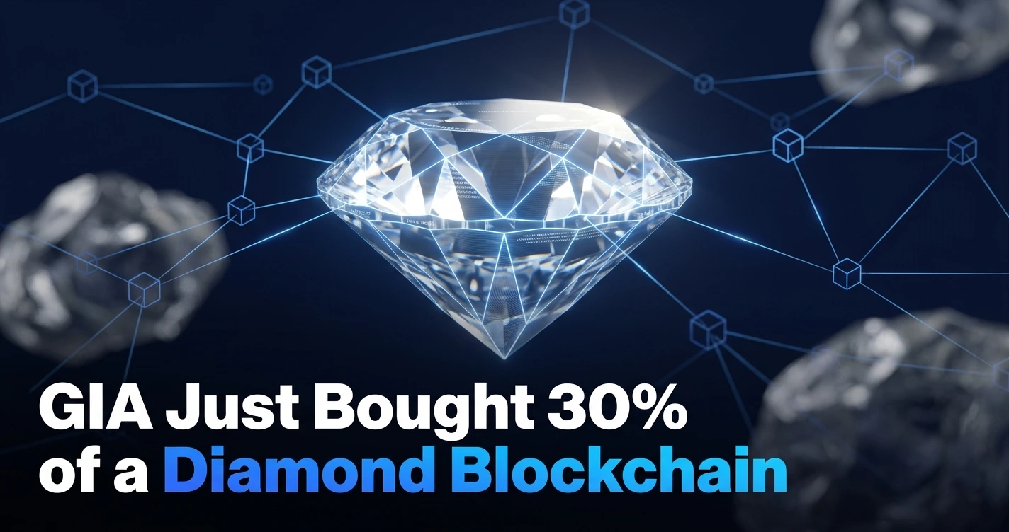 De Beers and GIA logos overlaid on a diamond blockchain network graphic representing the Tracr platform deal, 2026.