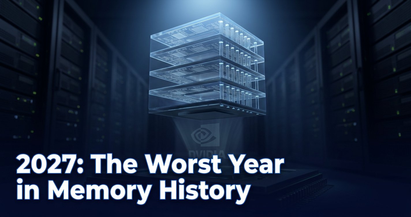 SK Hynix HBM memory chip stacks glowing above a data center rack, illustrating the 2026-2027 AI memory shortage