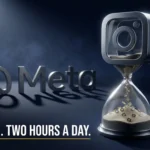 Meta and Instagram logos beside $18 billion teen safety settlement headline and daily time limit icon