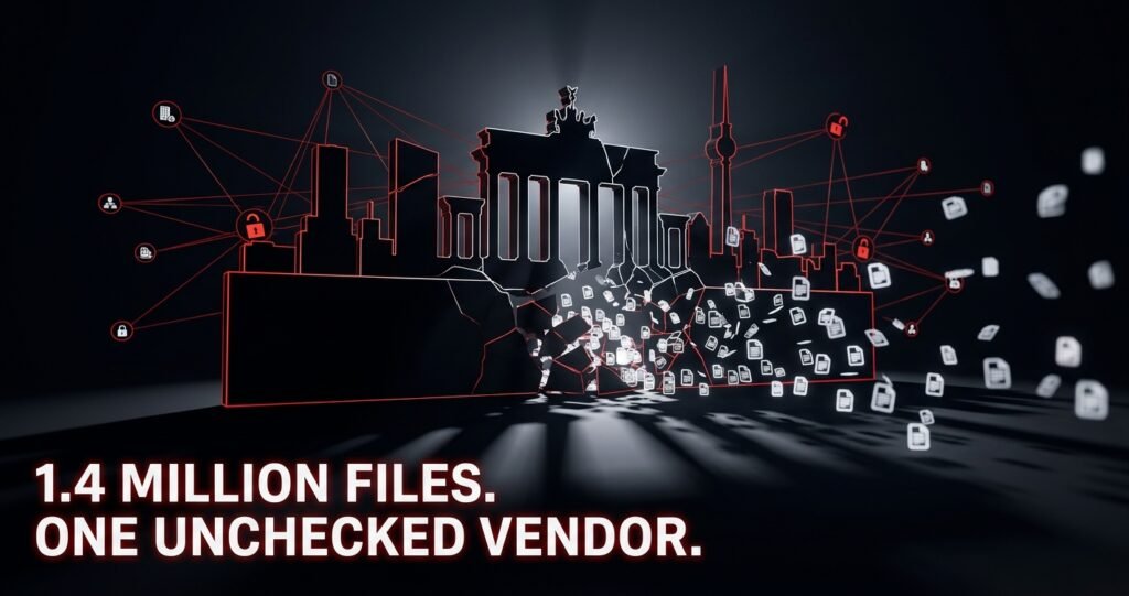 Illustration of Berlin's 2026 Rhysida ransomware breach leaking government files across a network