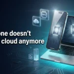 3D render of on-device AI in 2026 showing a smartphone and laptop with glowing chip circuitry replacing cloud API calls