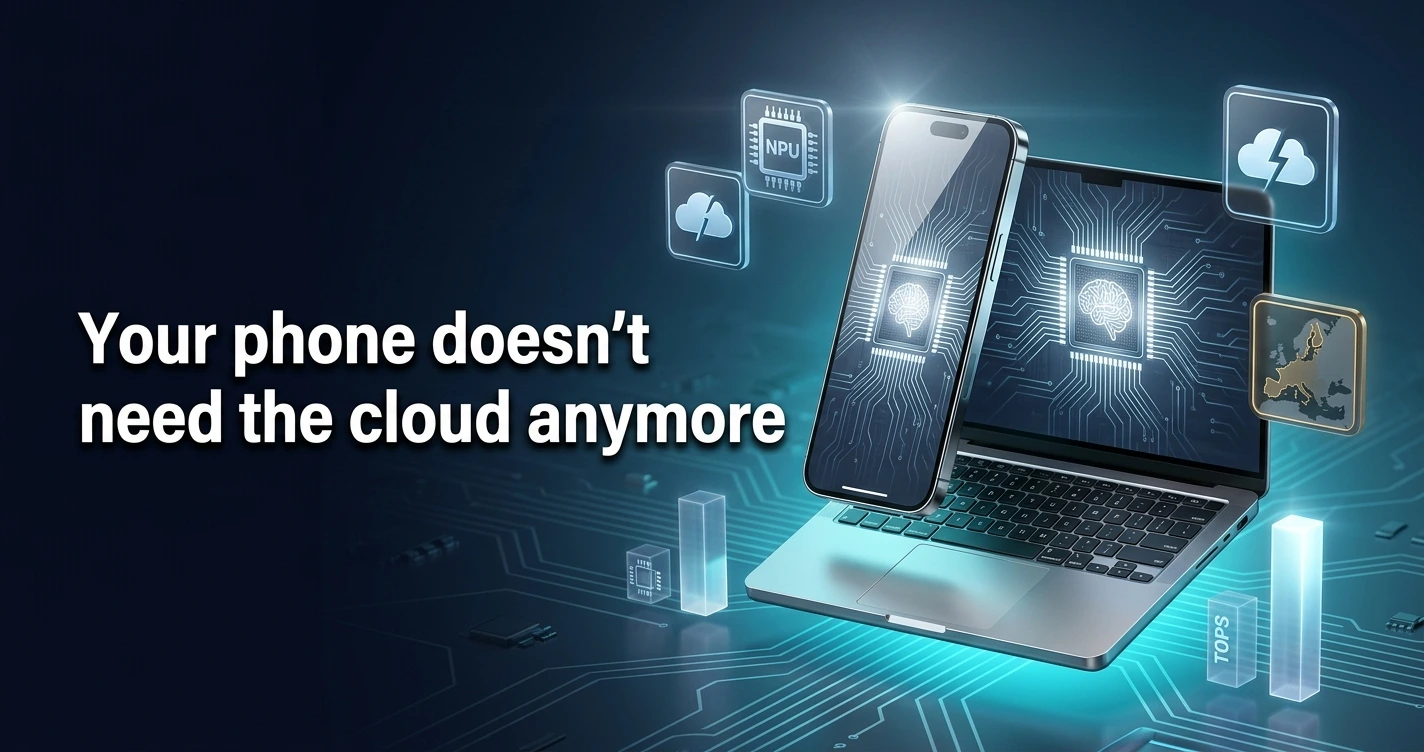 3D render of on-device AI in 2026 showing a smartphone and laptop with glowing chip circuitry replacing cloud API calls