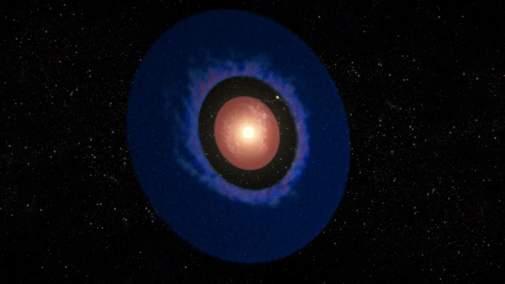 Artist's illustration of the exoplanet Elias 2-24 b, a glowing Jupiter-sized planet still forming inside a gap in the swirling gas and dust disk surrounding its young host star
